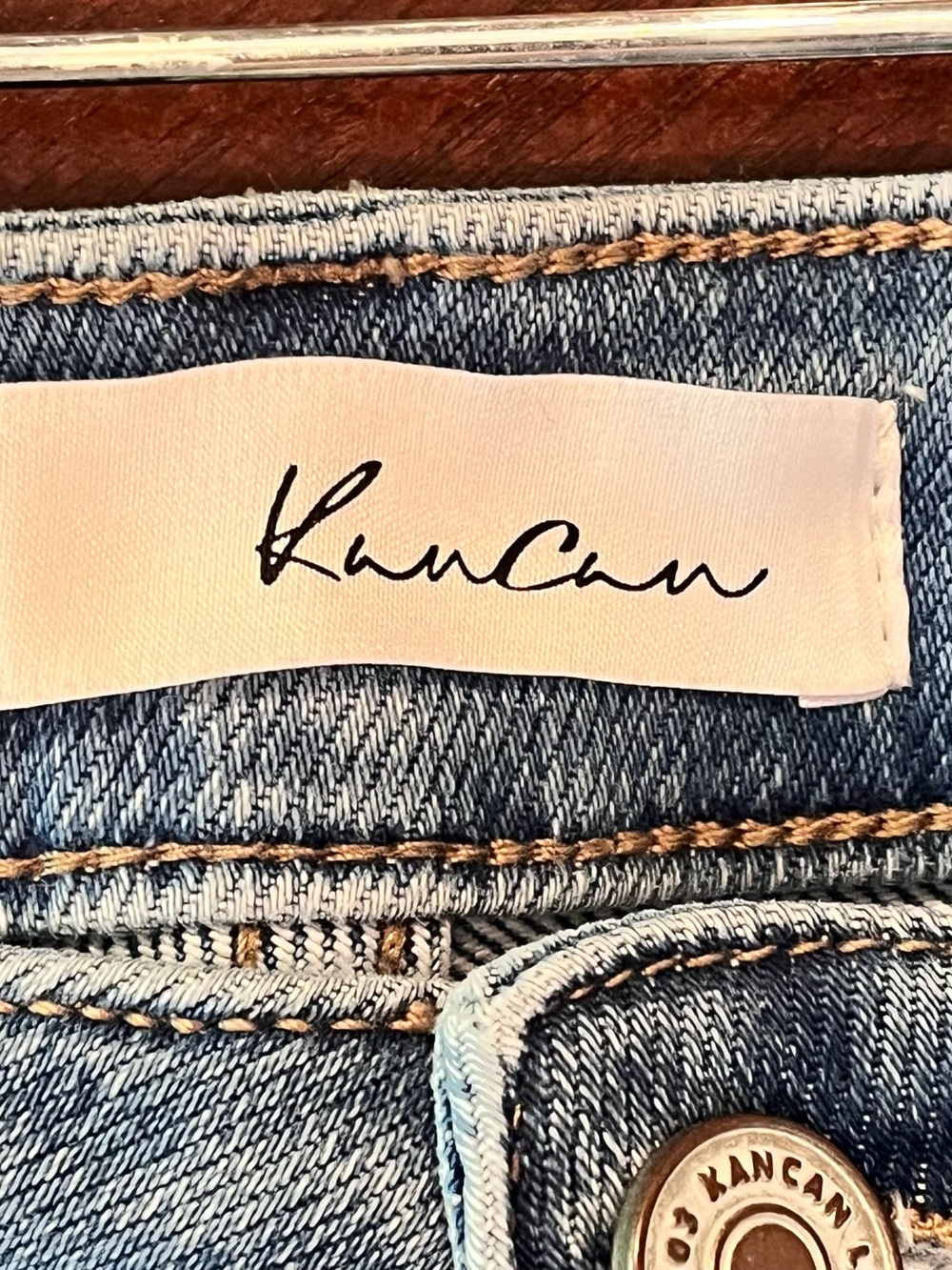 KanCan Medium Blue Distressed Faded Button Fly Flare Jeans Stretch Long Size 11 - Picture 7 of 9
